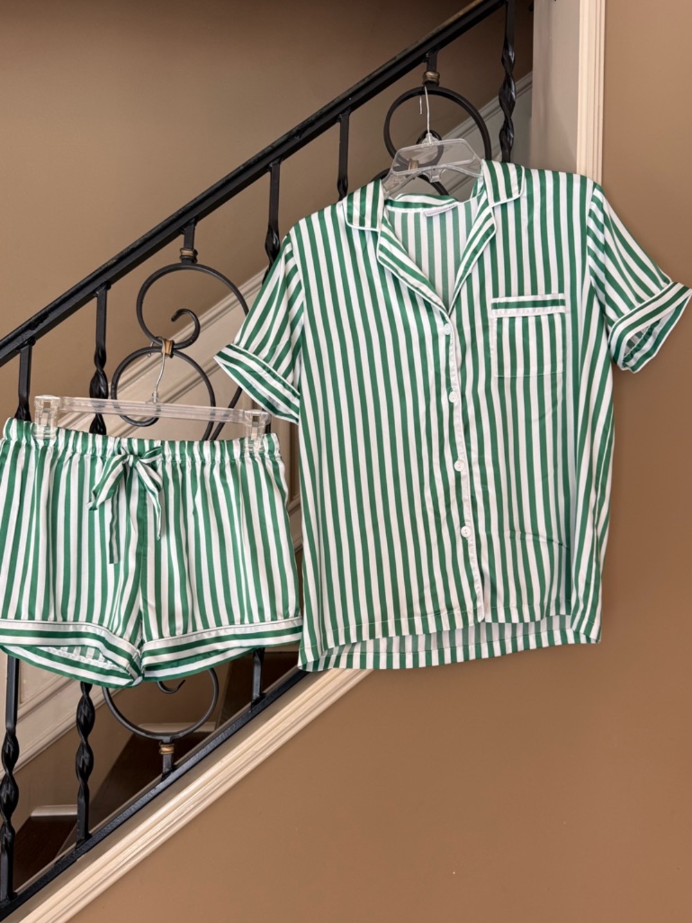 Green and white striped pajama shorts set